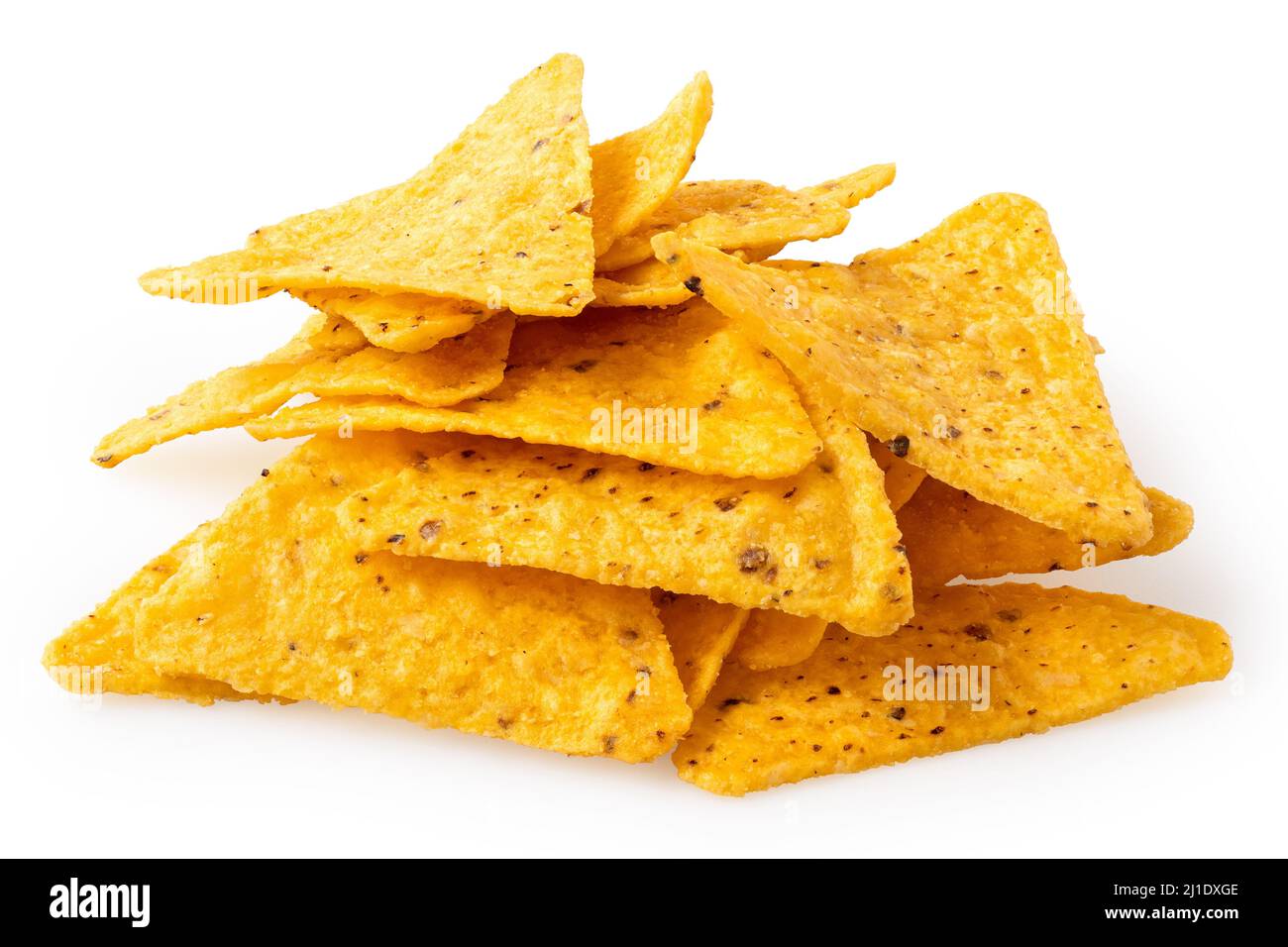 Mucchio di tortilla chip isolato su bianco. Foto Stock