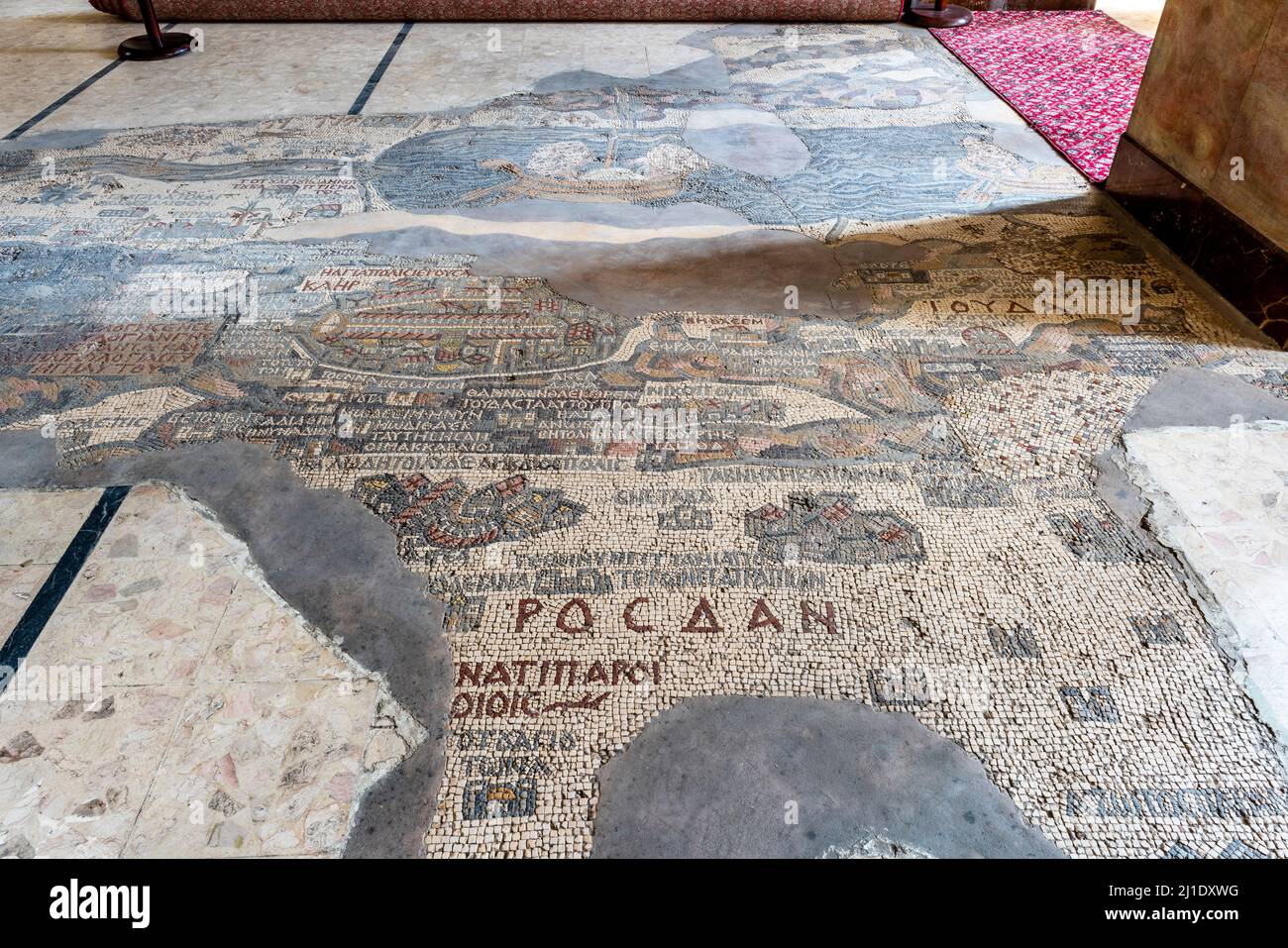 La famosa “carta dei Mosaici” della Chiesa greco-ortodossa di San Giorgio, Madaba, Governatorato di Madaba, Giordania. Foto Stock