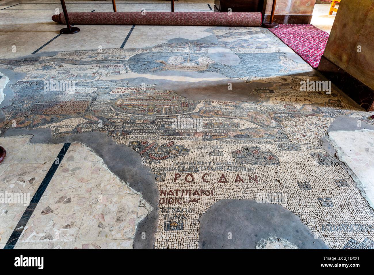 La famosa “carta dei Mosaici” della Chiesa greco-ortodossa di San Giorgio, Madaba, Governatorato di Madaba, Giordania. Foto Stock
