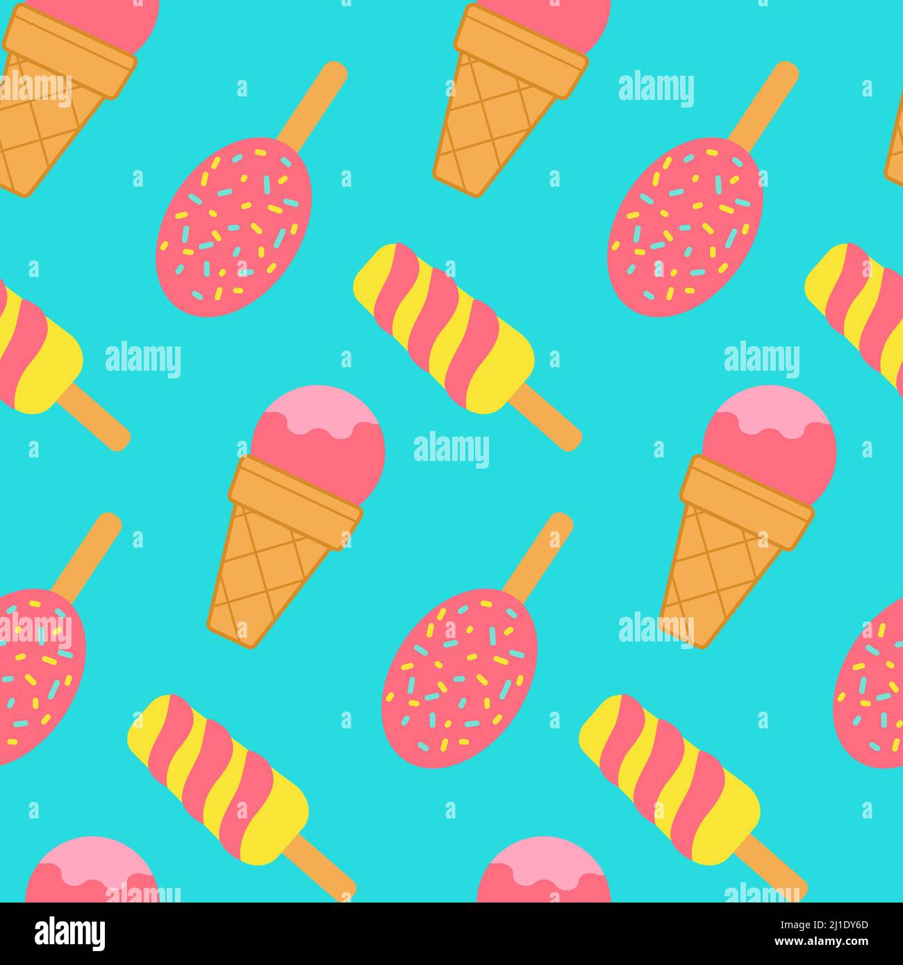 Gelato con motivo senza cuciture, bastone di frutta e palla in una tazza con waffle. Design per tessuto, carta da imballaggio, copertina, nastro, stampa, carta da parati, tessuto Foto Stock