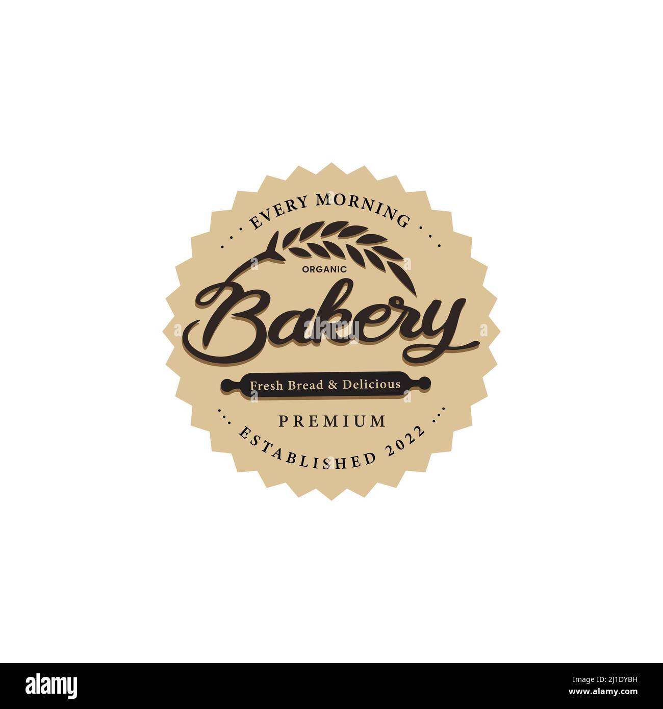 Modello badge logo negozio di panetteria, torta retro semplice fatta in casa. Vettore panetteria biologico e ispirazione di design etichetta Illustrazione Vettoriale