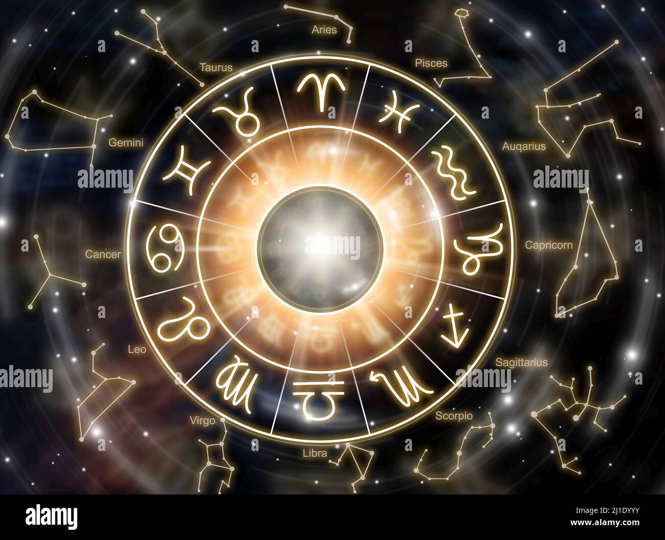 Universo Zodiac illustrazione del futuro. Stelle e fortuna. Cerchio astrologico Foto Stock