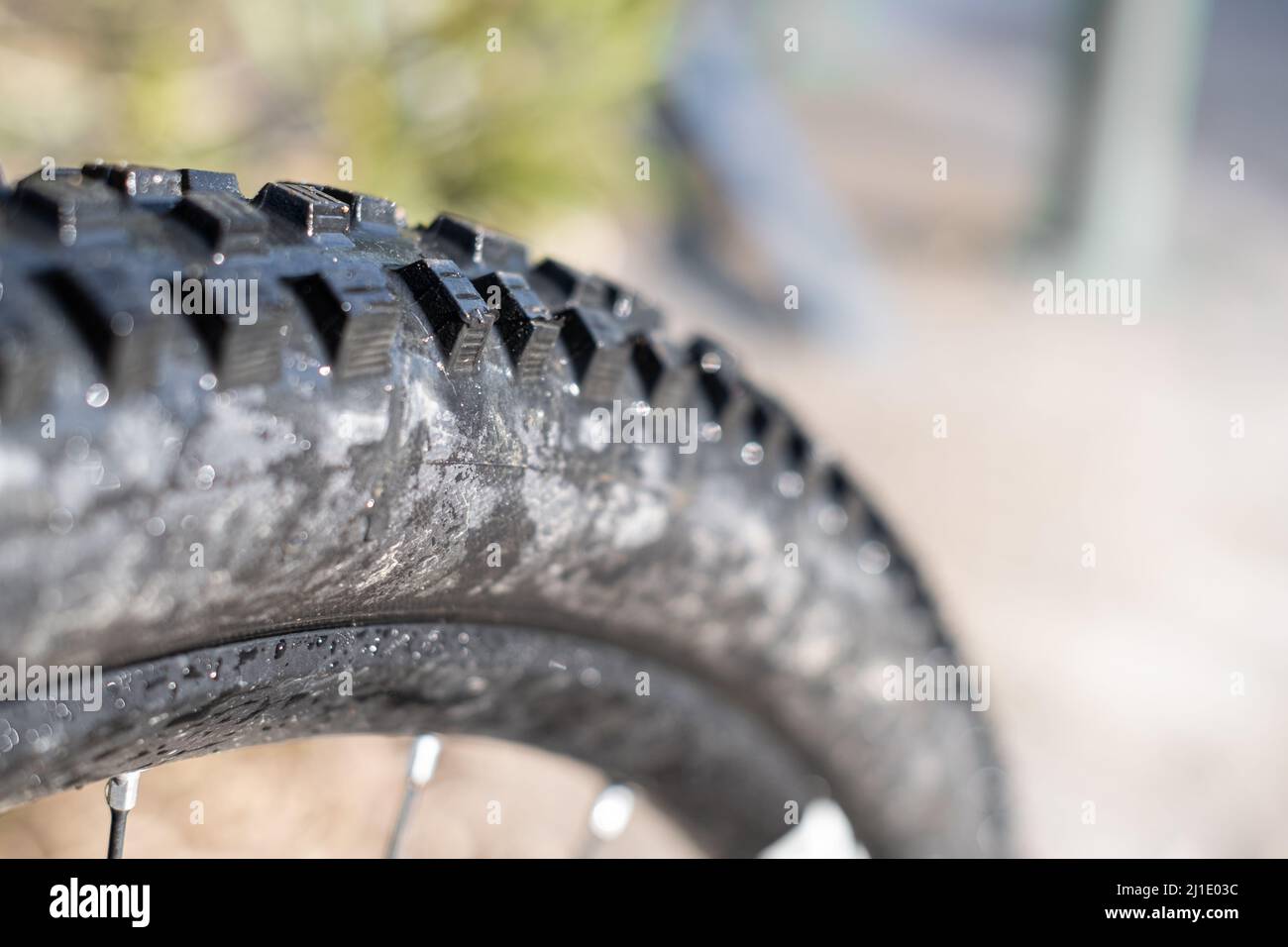 Pneumatico in gomma nera con grandi manopole da una mountain bike da vicino fermo Foto Stock