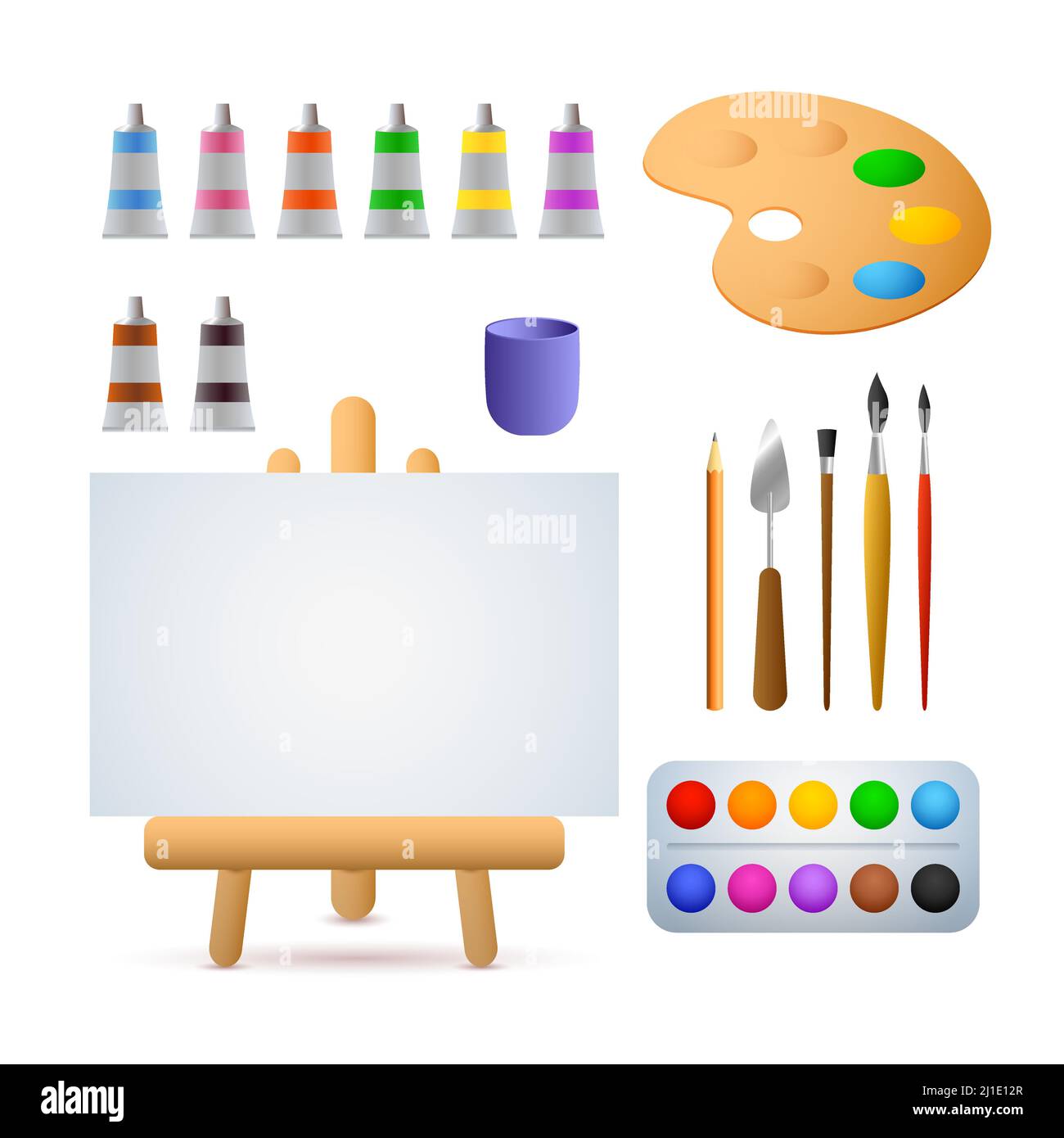 Illustrazione vettoriale dello studio d'arte. Vernici ad olio, acquerelli, spazzole, cavalletto. Concetto di pittura. L'illustrazione vettoriale può essere usata per gli argomenti come arte, hobby, Illustrazione Vettoriale