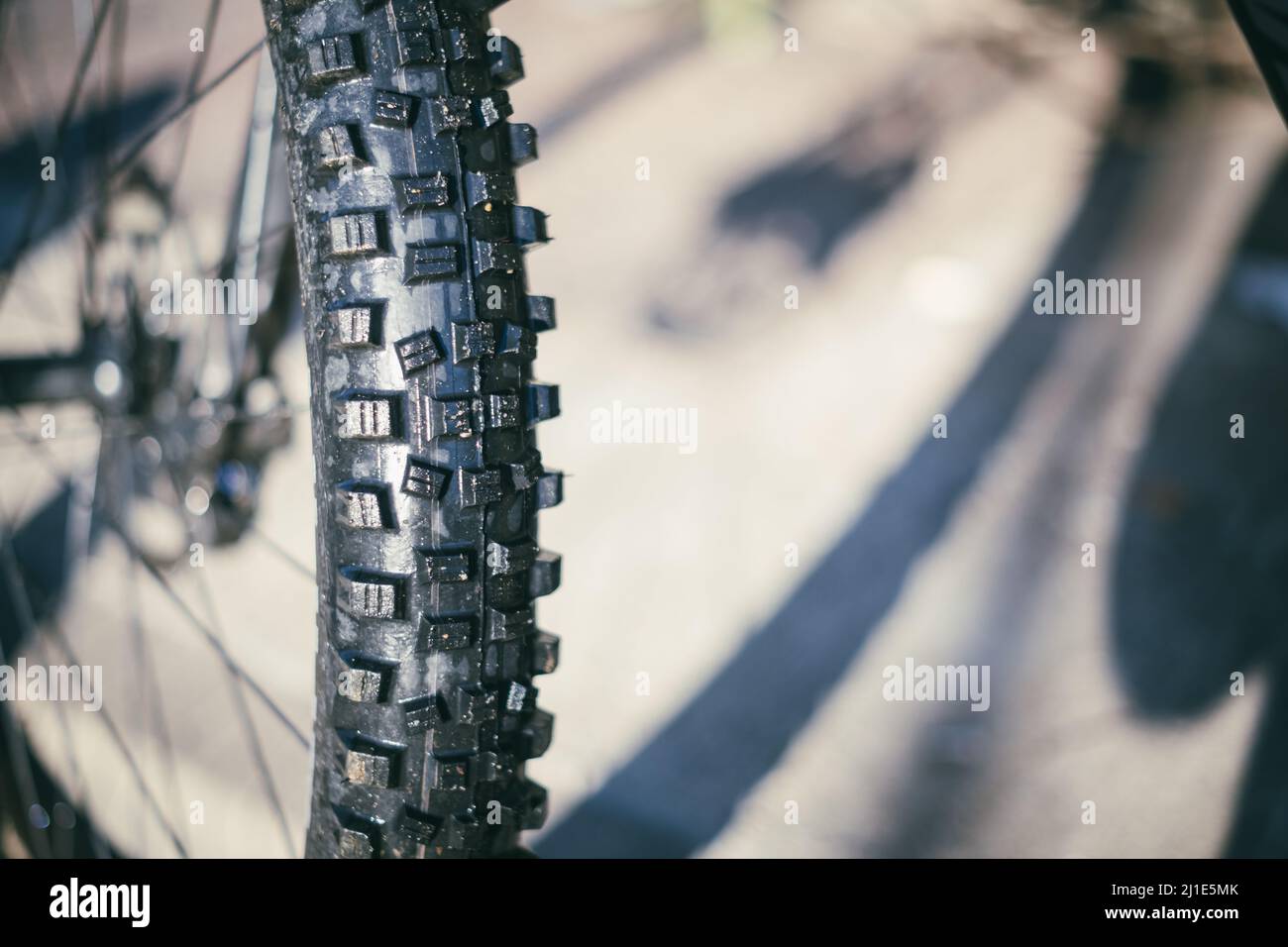 Pneumatico in gomma nera con grandi manopole da una mountain bike da vicino fermo Foto Stock