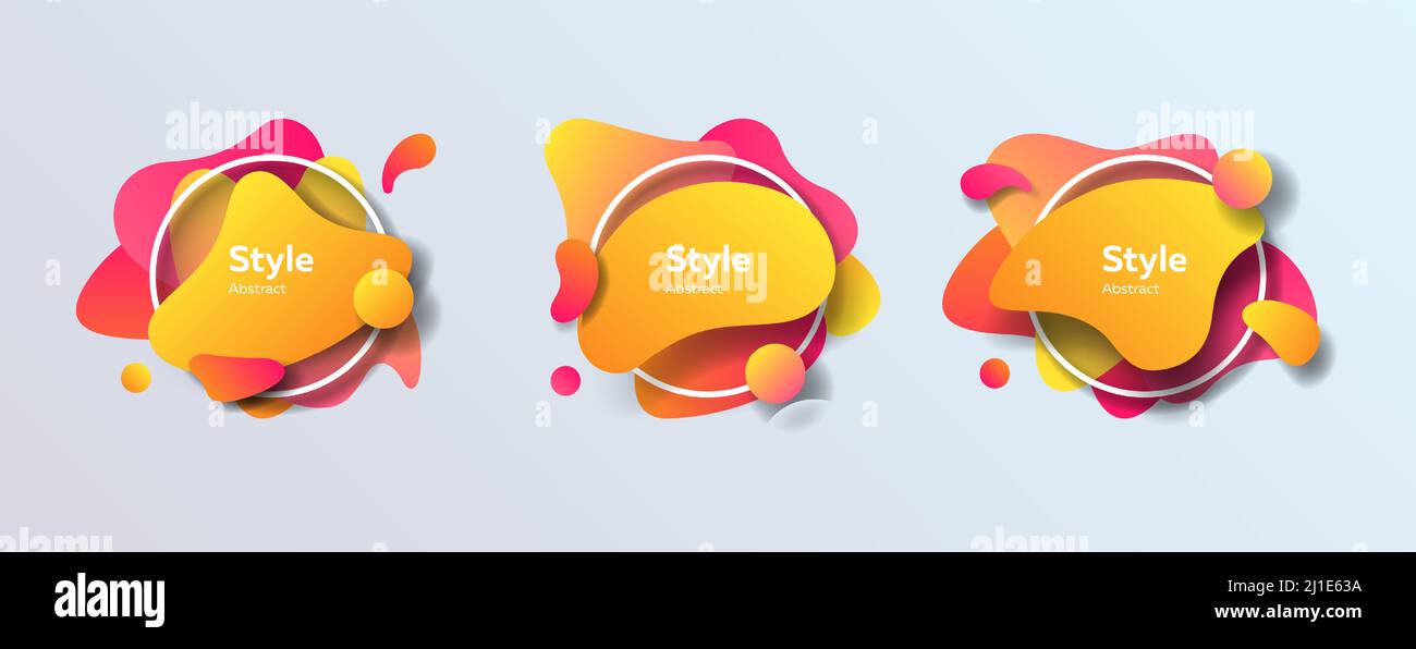 Badge per app. Forme e linee colorate dinamiche. Striscioni astratti in gradiente con forme fluide di liquido. Modello per logo, volantino, presentazione Illustrazione Vettoriale