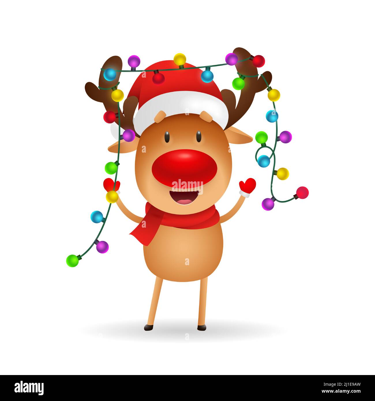 Renna allegra che festeggia il Natale. Carino cervo cartoon con luci fata su antlers. Concetto di Natale. Illustrazione vettoriale realistica per il messaggio di saluto Illustrazione Vettoriale