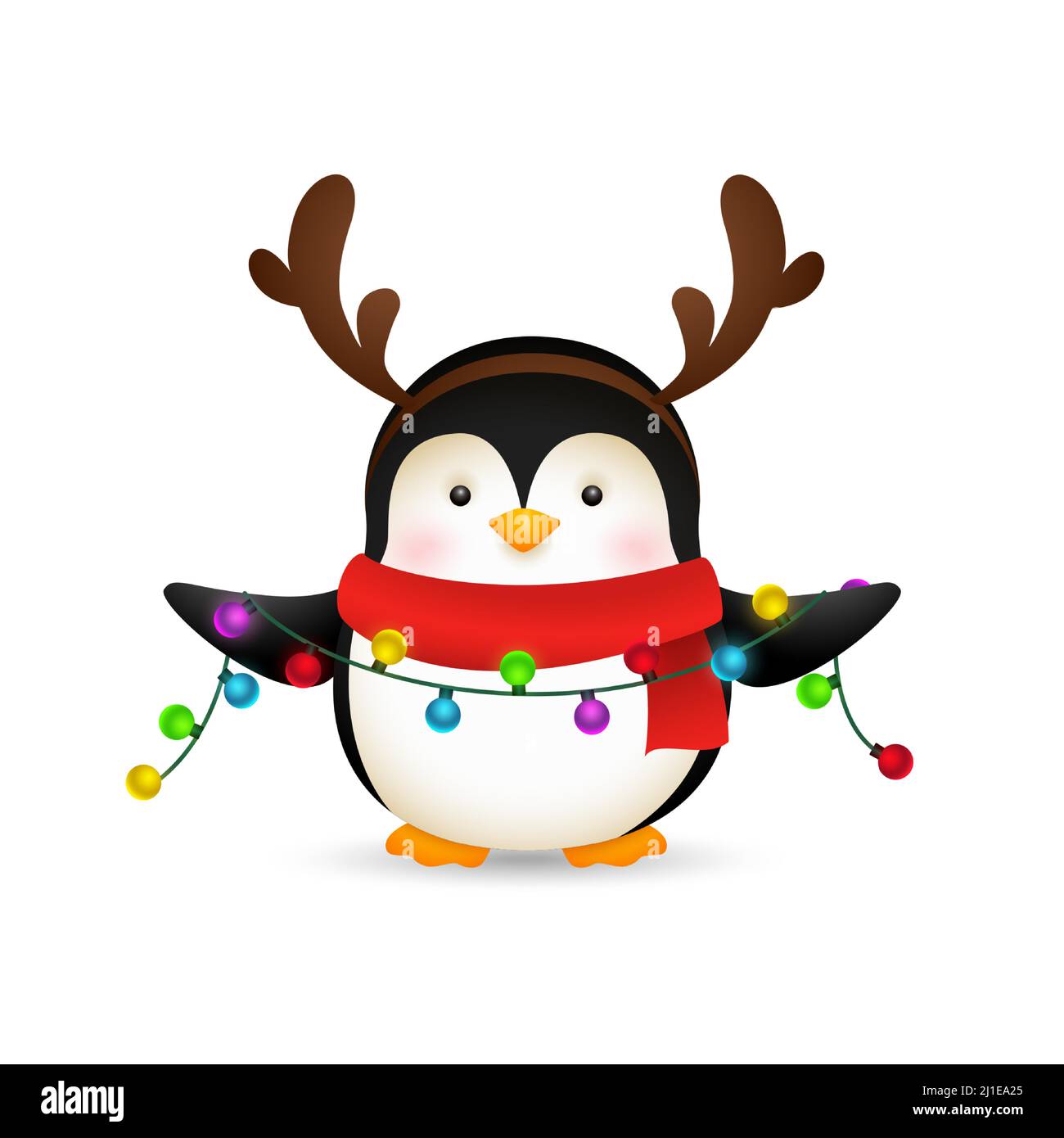 Simpatico pinguino che celebra il Natale. Personaggio cartoon che tiene luci fairy. Concetto di Natale. Illustrazione vettoriale realistica per biglietti d'auguri, festi Illustrazione Vettoriale