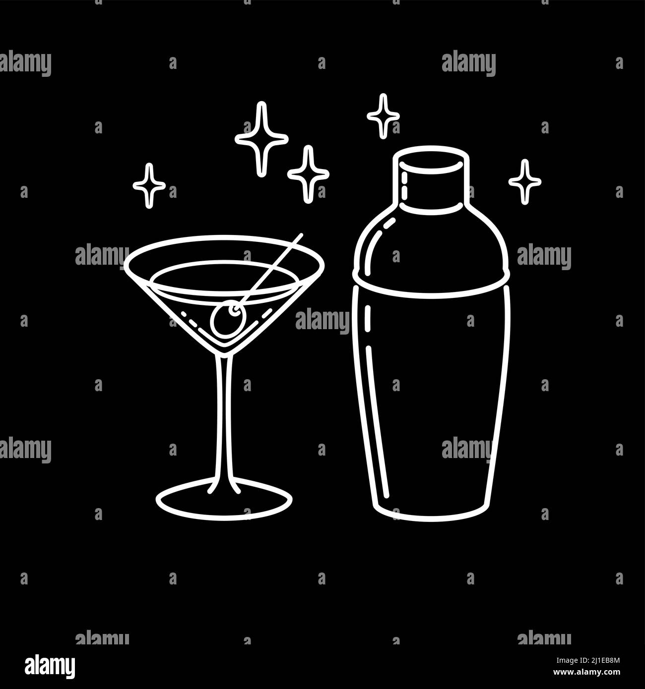 Bicchiere Martini con contorno Olive Shaker. Illustrazione del vettore icona. Illustrazione Vettoriale