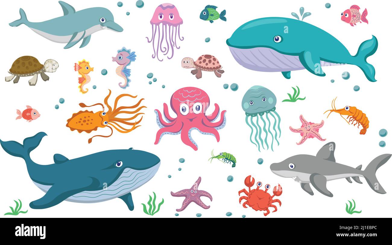Vita marina, set, animali marini e pesci, varie pose e situazioni, disegno, vettore, immagini, cartoni animati Illustrazione Vettoriale