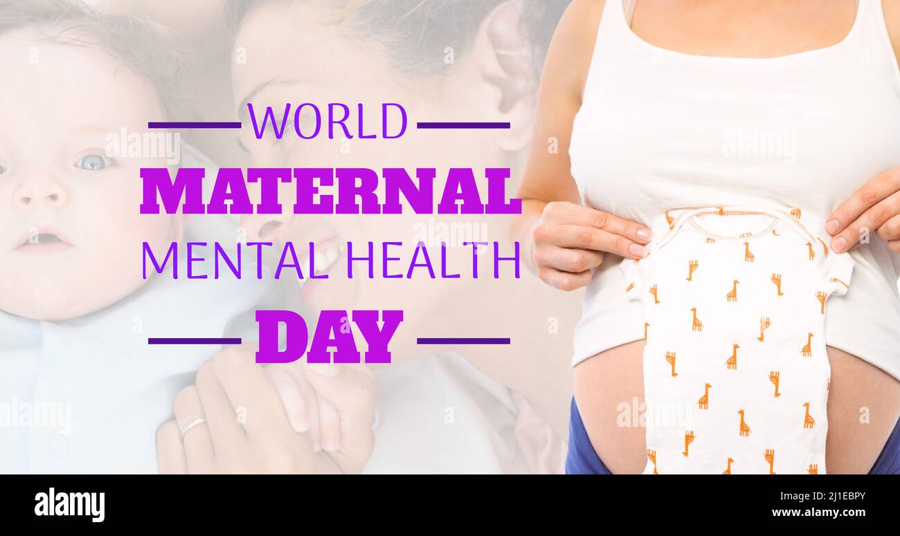 Doppia esposizione del testo della giornata mondiale della salute mentale materna su madre e bambino Foto Stock