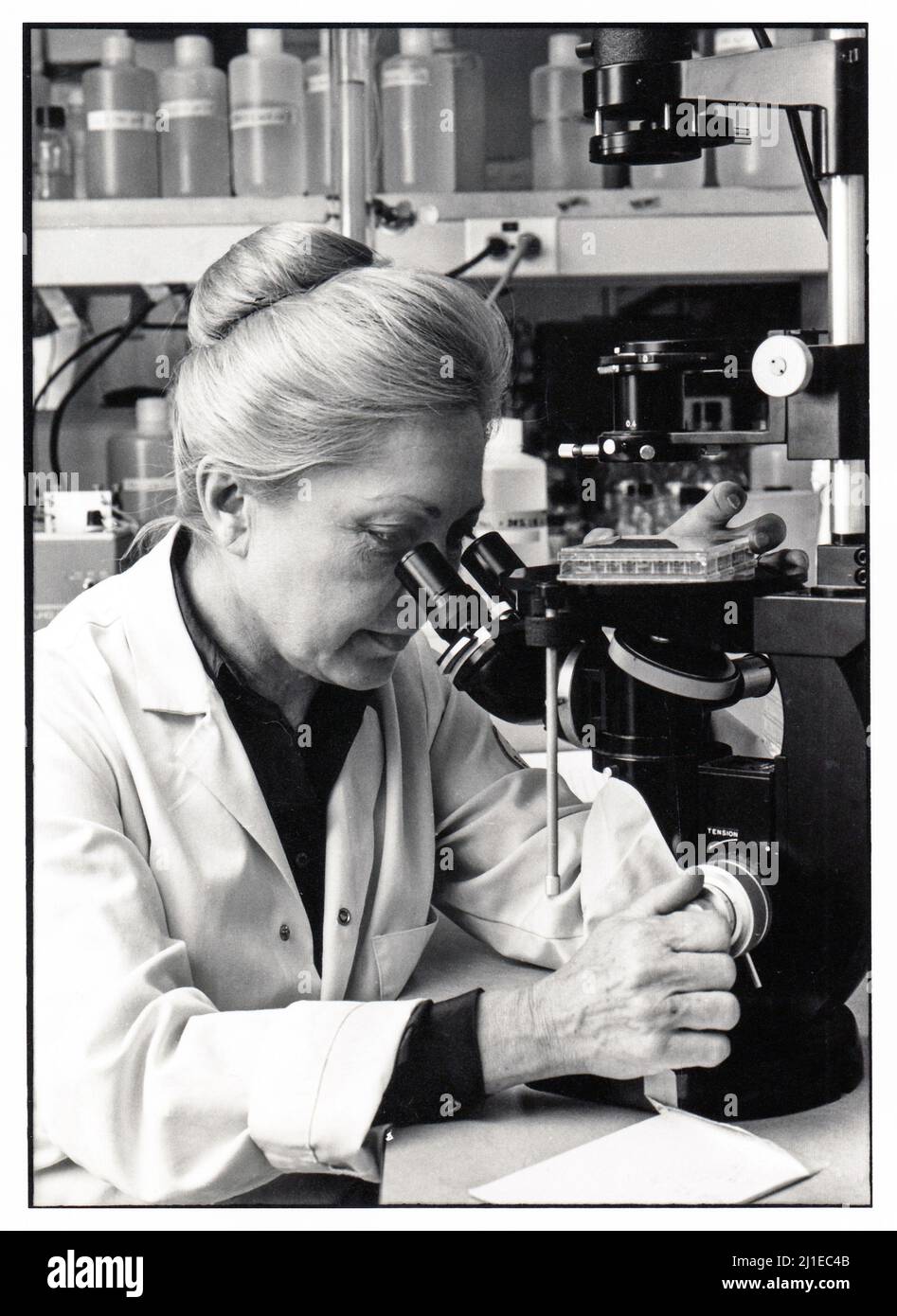 Una foto degli anni '70 dell'immunologo Dr. Mathilde Krim nel laboratorio di interferone presso lo Sloan Kettereing Institute di Manhattan, New York City. Era una riercher medica, presidente fondatore iof amfAR e un leader nella lotta per curare l'AIDS. Foto Stock