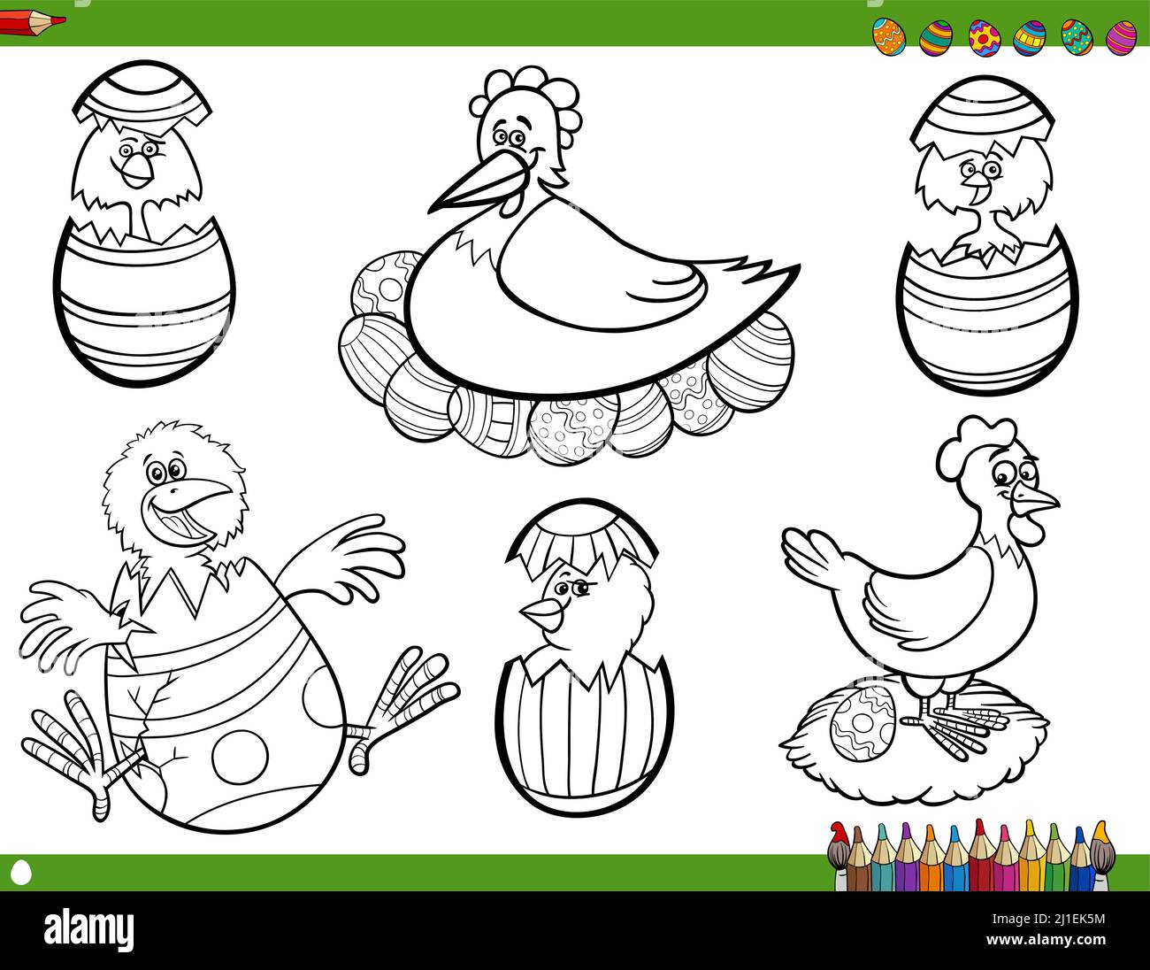 Felice Pasqua set di cartoni animati in bianco e nero con polli e pulcini con uova di Pasqua colorazione pagina libro Illustrazione Vettoriale