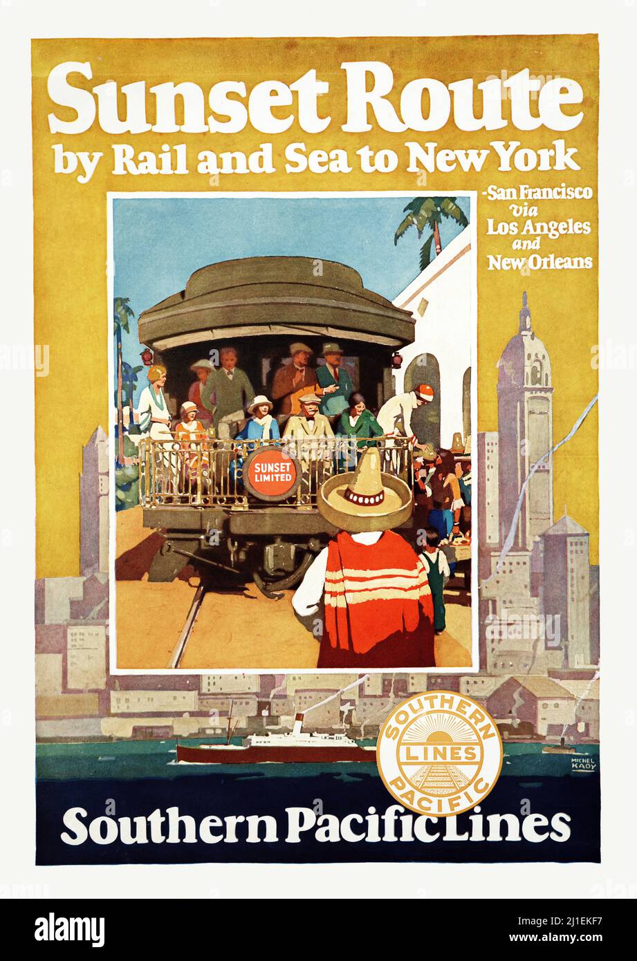 Poster di viaggio vintage - Tramonto via ferrovia e via mare per New York Southern Pacific Lines di Michel Kady, 1930 Foto Stock