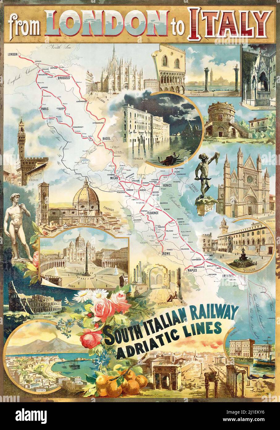 Poster di viaggio d'epoca - artista anonimo - DA LONDRA ALL'ITALIA - South Italian Railway Adriatic Lines Foto Stock