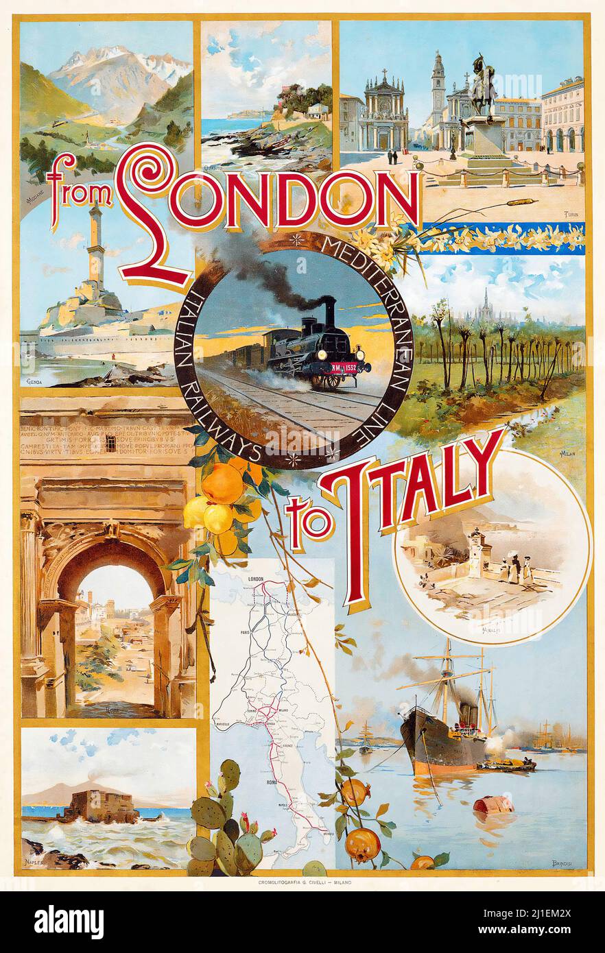 Poster di viaggio vintage - artista anonimo - DA LONDRA ALL'ITALIA. Poster di viaggio in italiano. Foto Stock