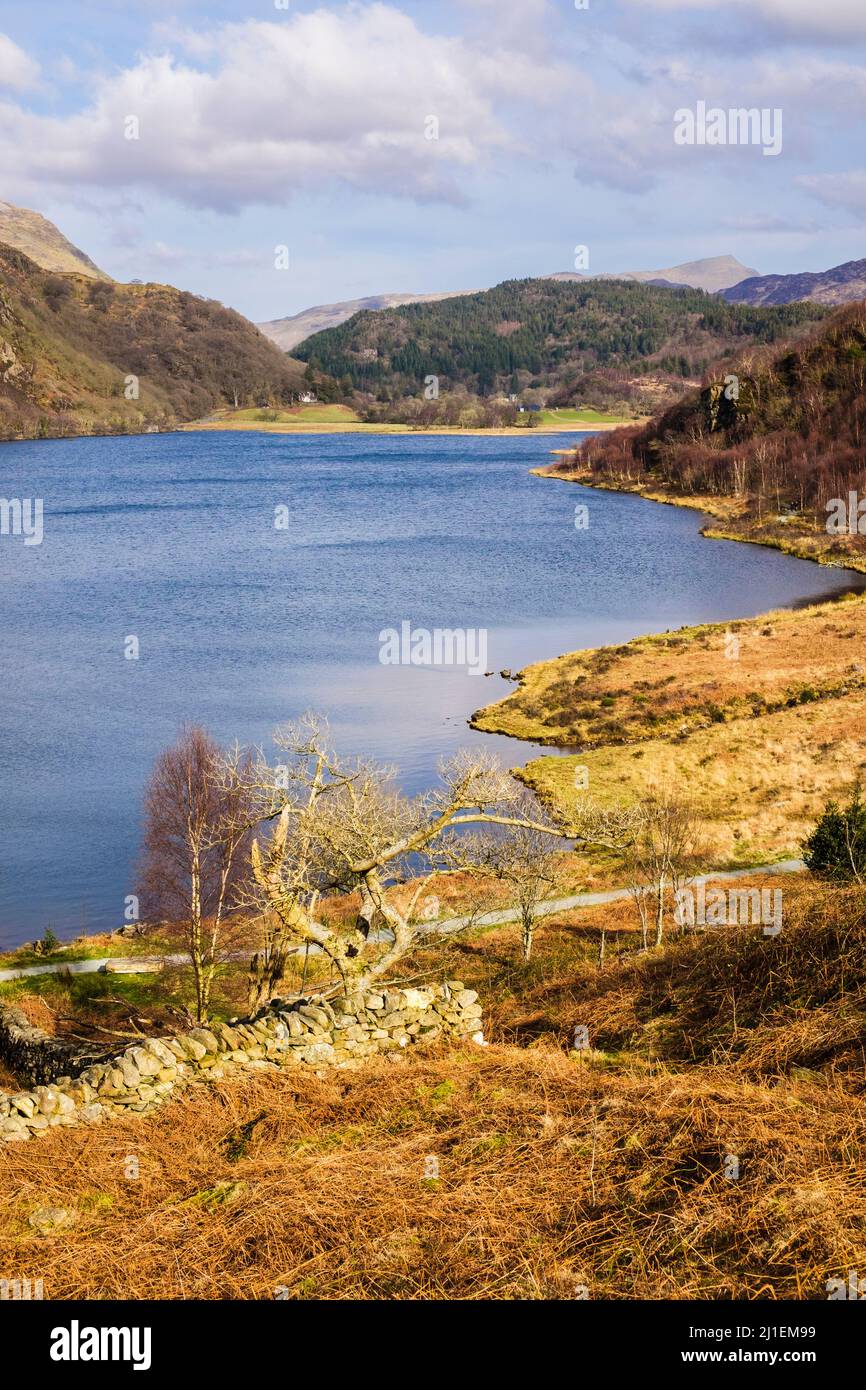 Vista verso il lago Llyn Dinas nel Parco Nazionale di Snowdonia. Beddgelert, Gwynedd, Galles settentrionale, Regno Unito, Gran Bretagna, Europa Foto Stock