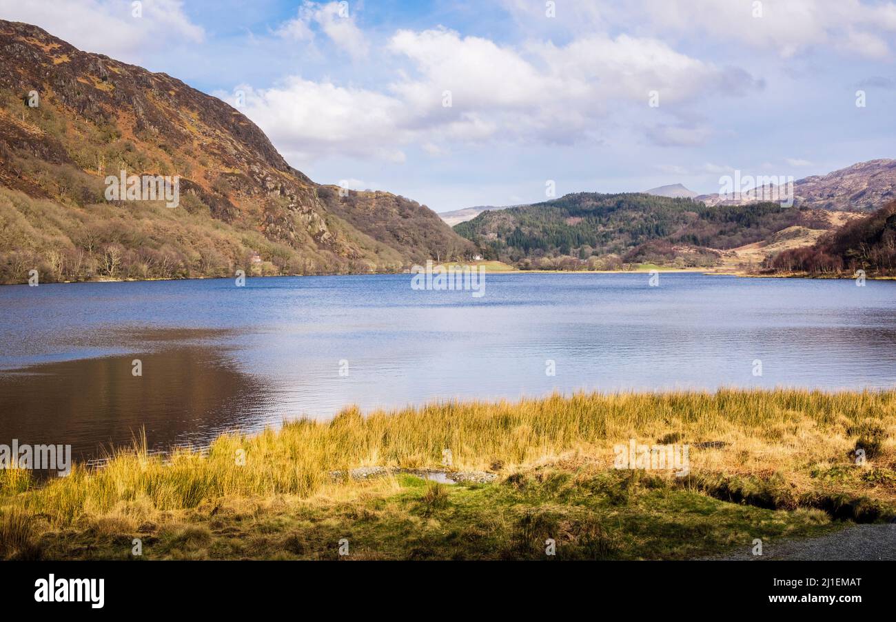 Vista sul lago Llyn Dinas nel Parco Nazionale di Snowdonia. Beddgelert, Gwynedd, Galles settentrionale, Regno Unito, Gran Bretagna, Europa Foto Stock