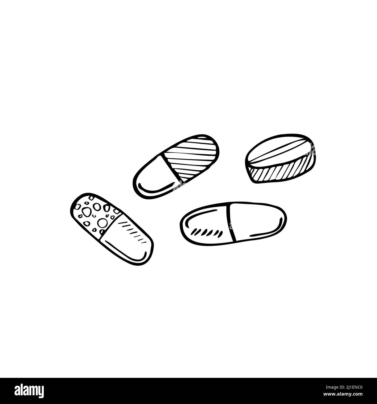 Prescrizione di farmaci e doodle medicina, disegno a mano vettore doodle illustrazione di varie compresse medicina e pillole di droga per scopi medici Illustrazione Vettoriale