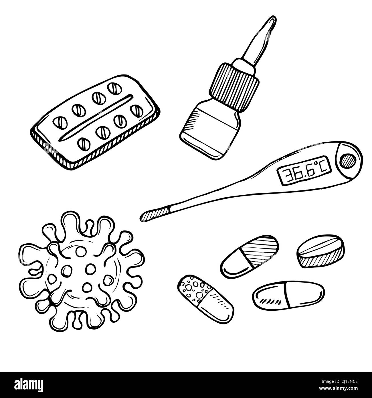 Collezione di disegni di antinfluenzali. Sono inclusi elementi quali medicina, termometro, virus, ecc. Illustrazioni di doble vettoriali disegnate a mano Illustrazione Vettoriale