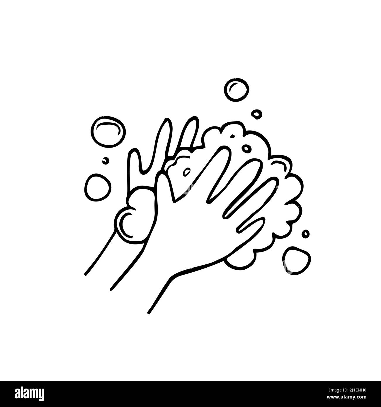 Simbolo e icona raffigurante la mano di lavaggio Doodle. Stile disegno a mano del cartone animato vettoriale. Isolato su bianco Illustrazione Vettoriale