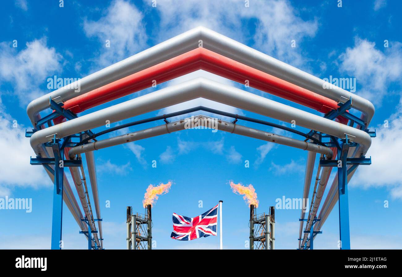 Bandiera del Regno Unito sotto gas, gasdotto. Crisi energetica, Russia conflitto Ucraina, guerra Regno Unito, fornitura di gas in Europa, costo della vita crisi, gas russo ..concetto Foto Stock