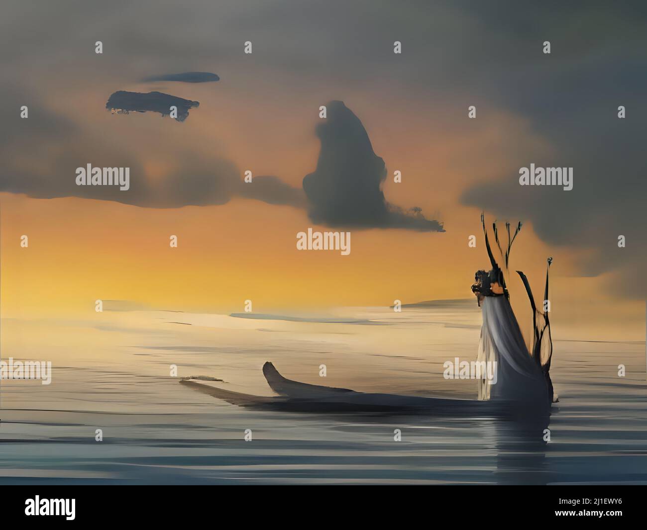 Arte astratta digitale surrealistica creatura vela su una barca. Background concettuale surreale. Foto Stock