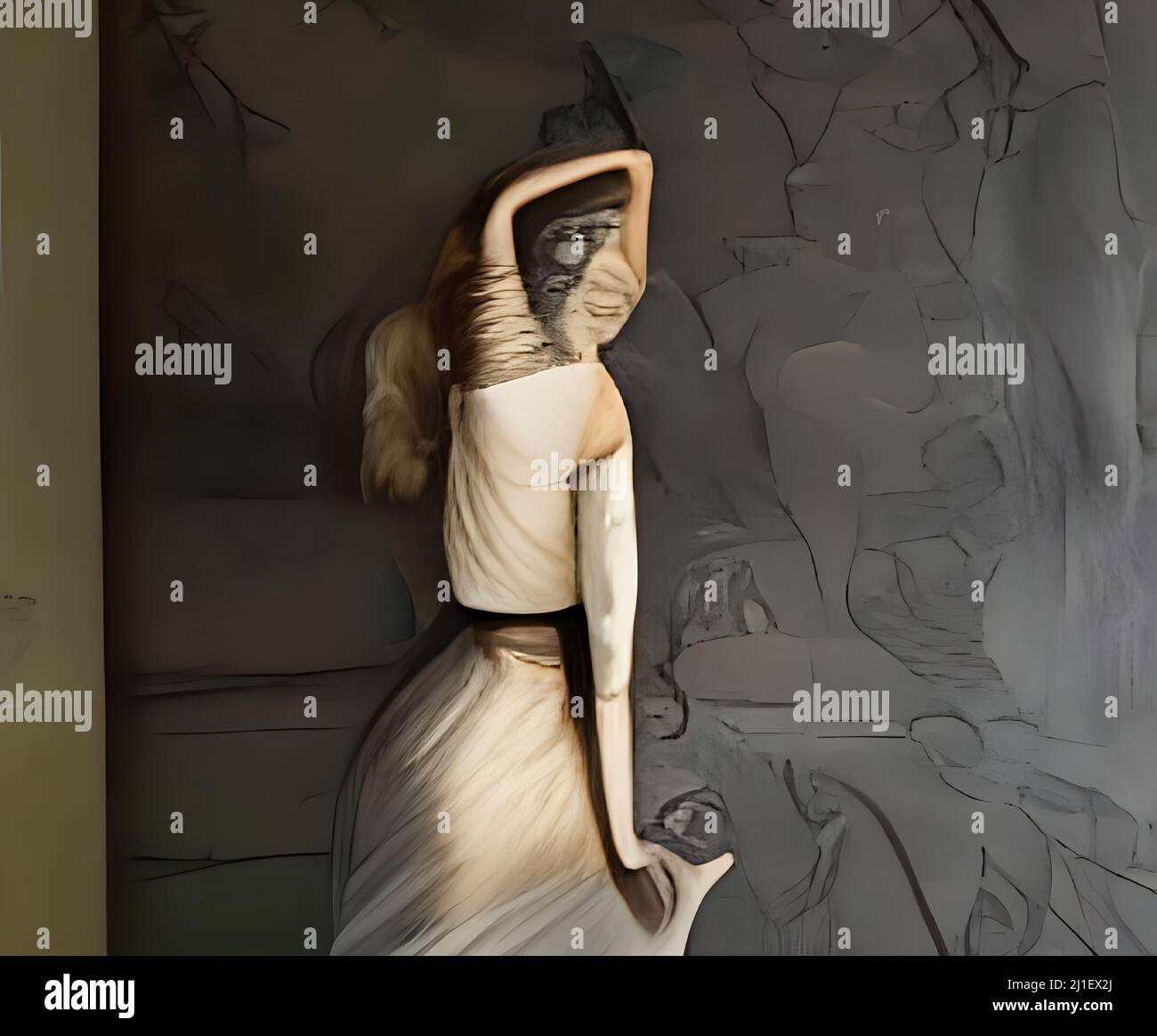Surrealistic digitale astratto arte scena surreale che rappresenta una donna su un muro grigio. Foto Stock