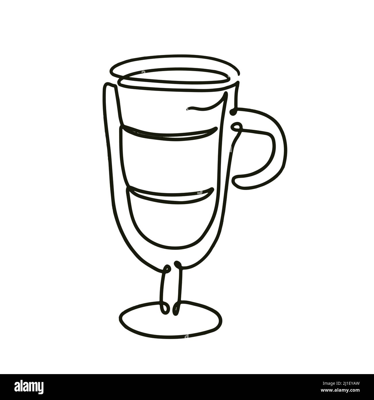 Bicchiere di latte in vetro a linea singola. Caffè caldo in linea continua disegno. Illustrazione vettoriale Illustrazione Vettoriale