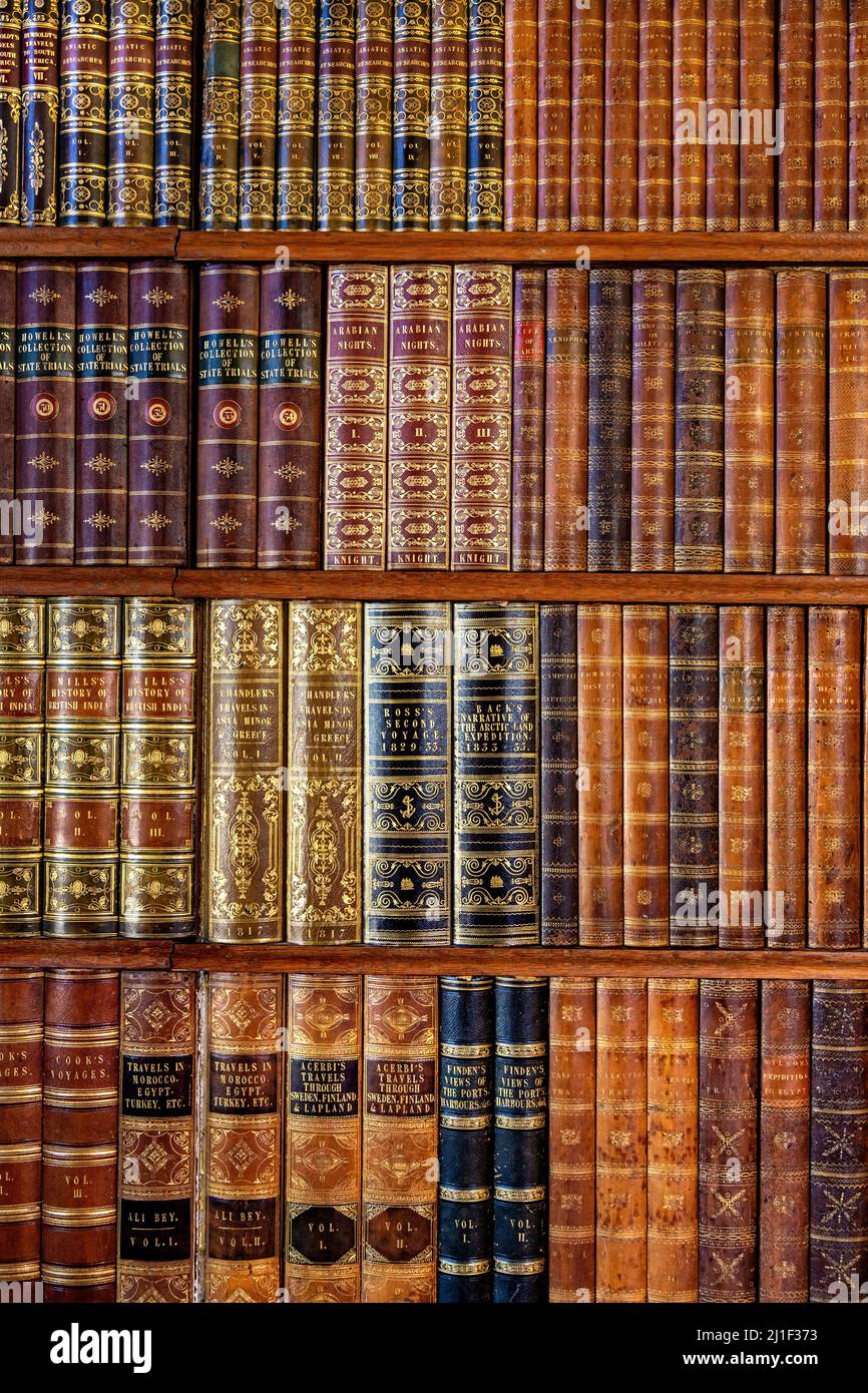 Primo piano di libri d'antiquariato con spine in rilievo in lamina d'oro su uno scaffale (Biblioteca a Knebworth House, Regno Unito) Foto Stock