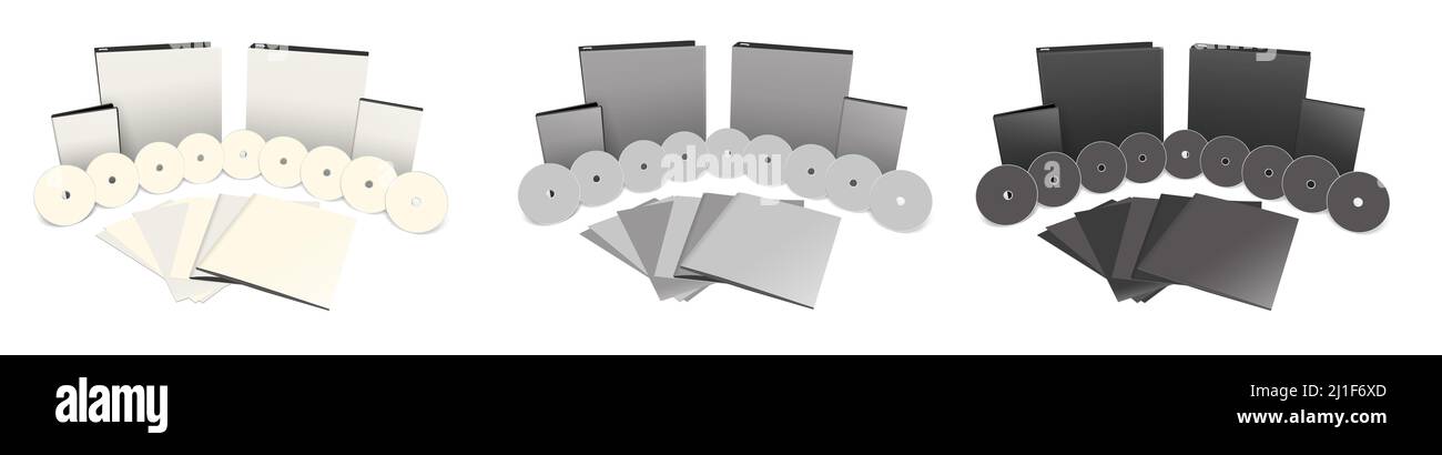 Modello bianco, grigio e nero a tre pacchetti per layout e design di presentazioni. 3D rendering. Immagine generata digitalmente. Isolato su bac bianco Foto Stock