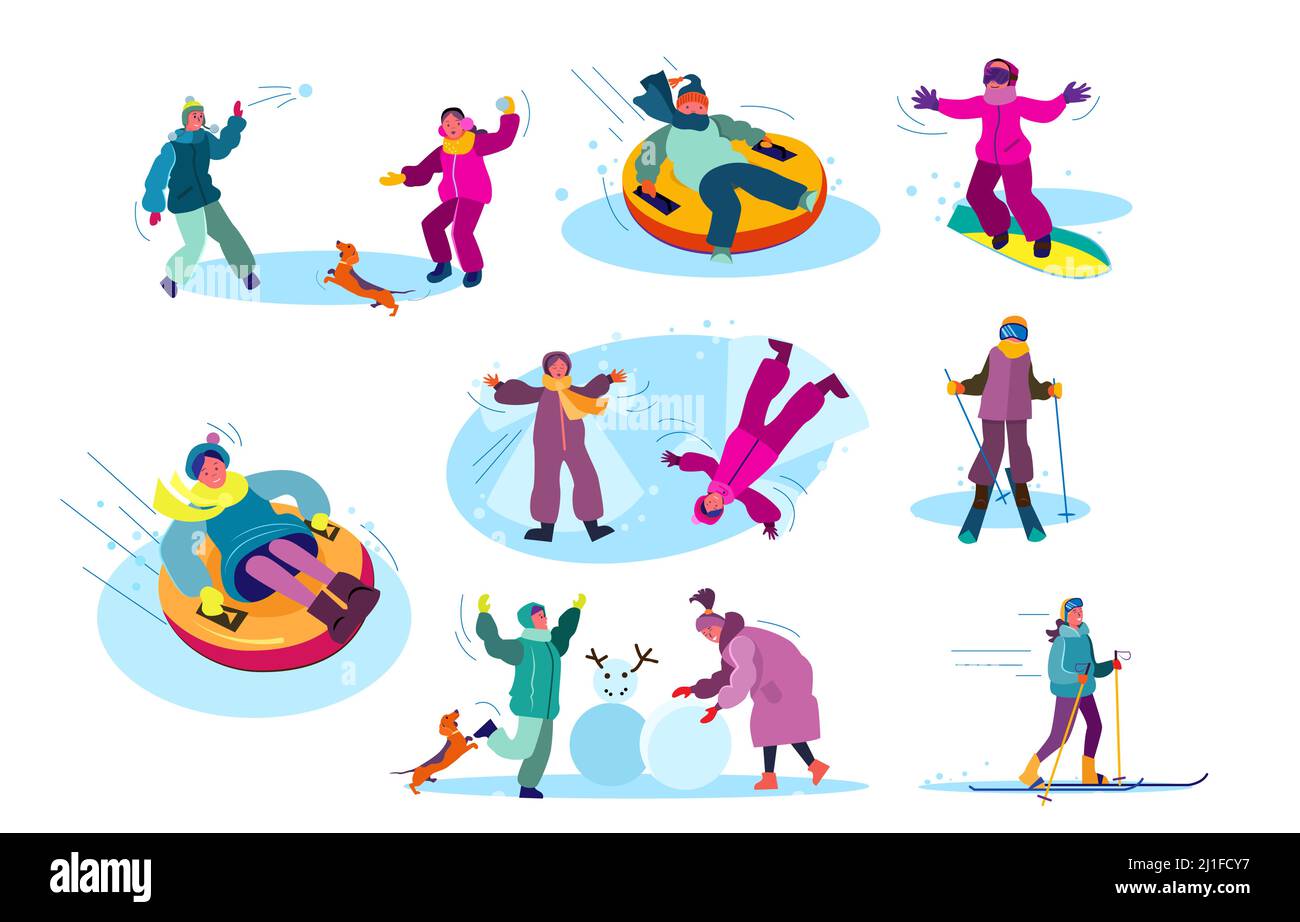 Set di persone che giocano giochi invernali. Gruppo di bambini e genitori che trascorrono il tempo all'aperto. Concetto di vacanza invernale. È possibile utilizzare l'illustrazione vettoriale per Illustrazione Vettoriale