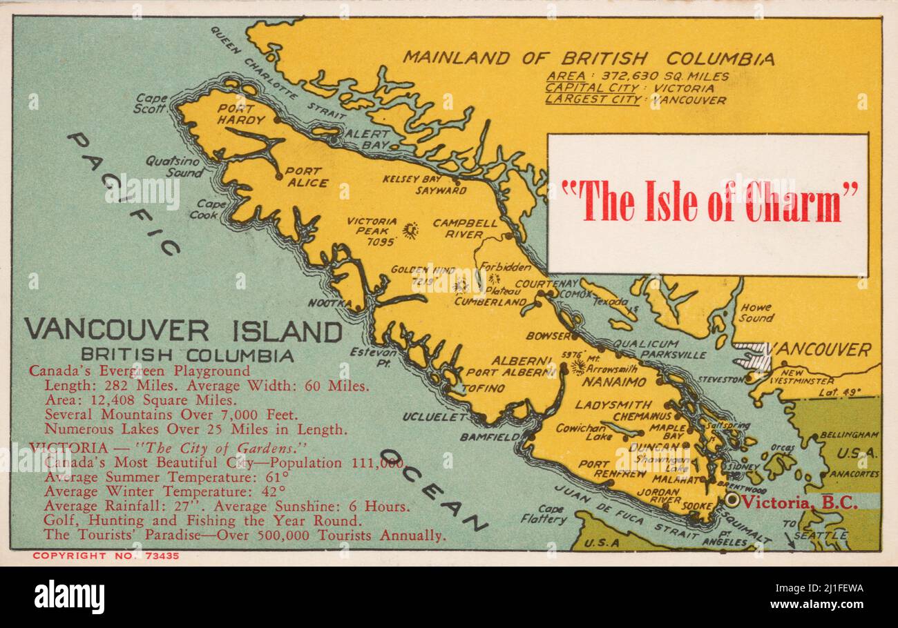 The Isle of Charm, mappa di Vancouver Island BC Canada, circa 1920s-1950's cartolina. Sconosciuto editore Foto Stock