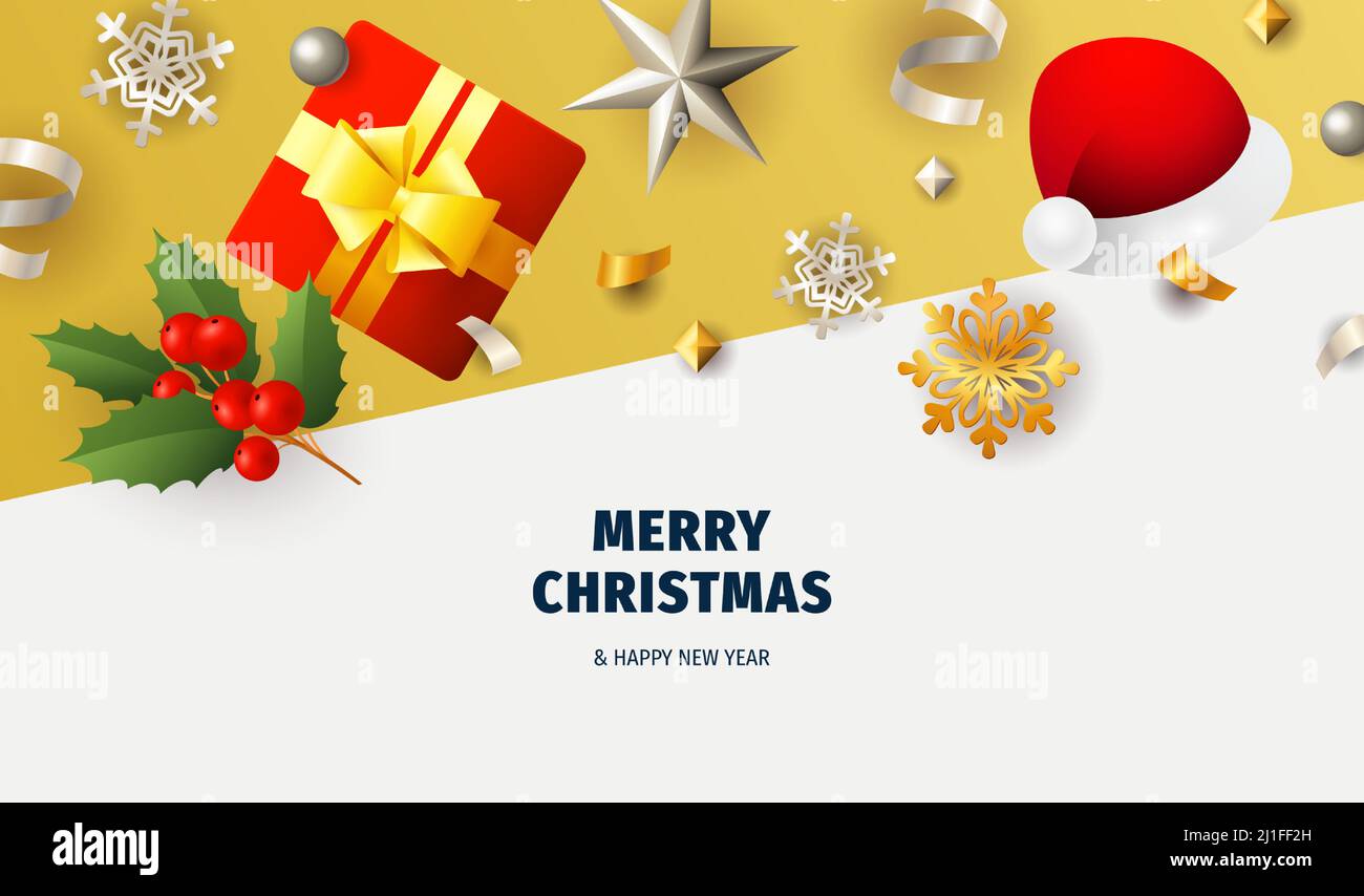 Allegro banner natalizio con fiocchi su terreno bianco e giallo. Le lettere possono essere utilizzate per inviti, cartoline, annunci Illustrazione Vettoriale