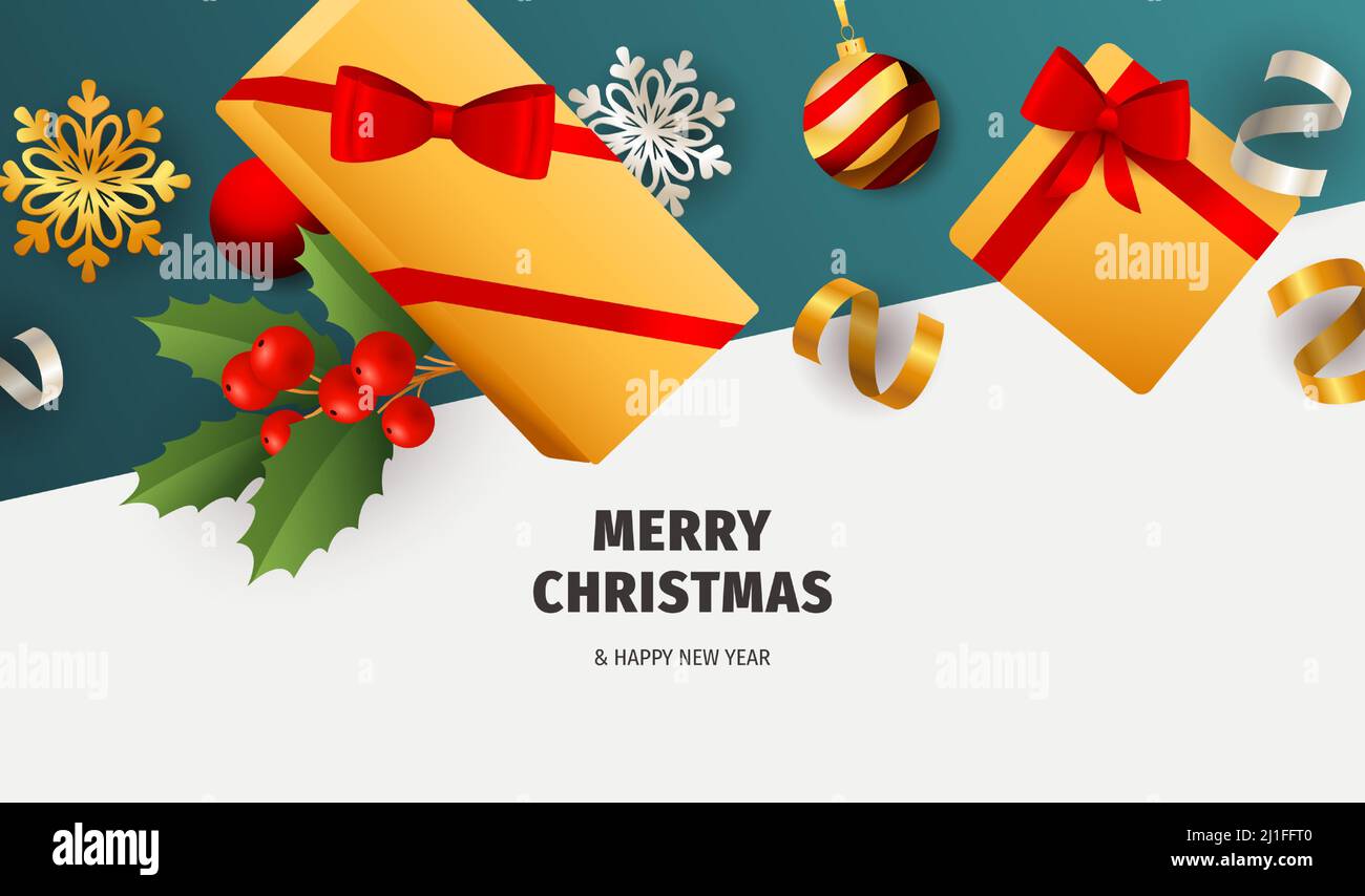 Allegro banner natalizio con regali su terra bianca e blu. Le lettere possono essere utilizzate per inviti, cartoline, annunci Illustrazione Vettoriale