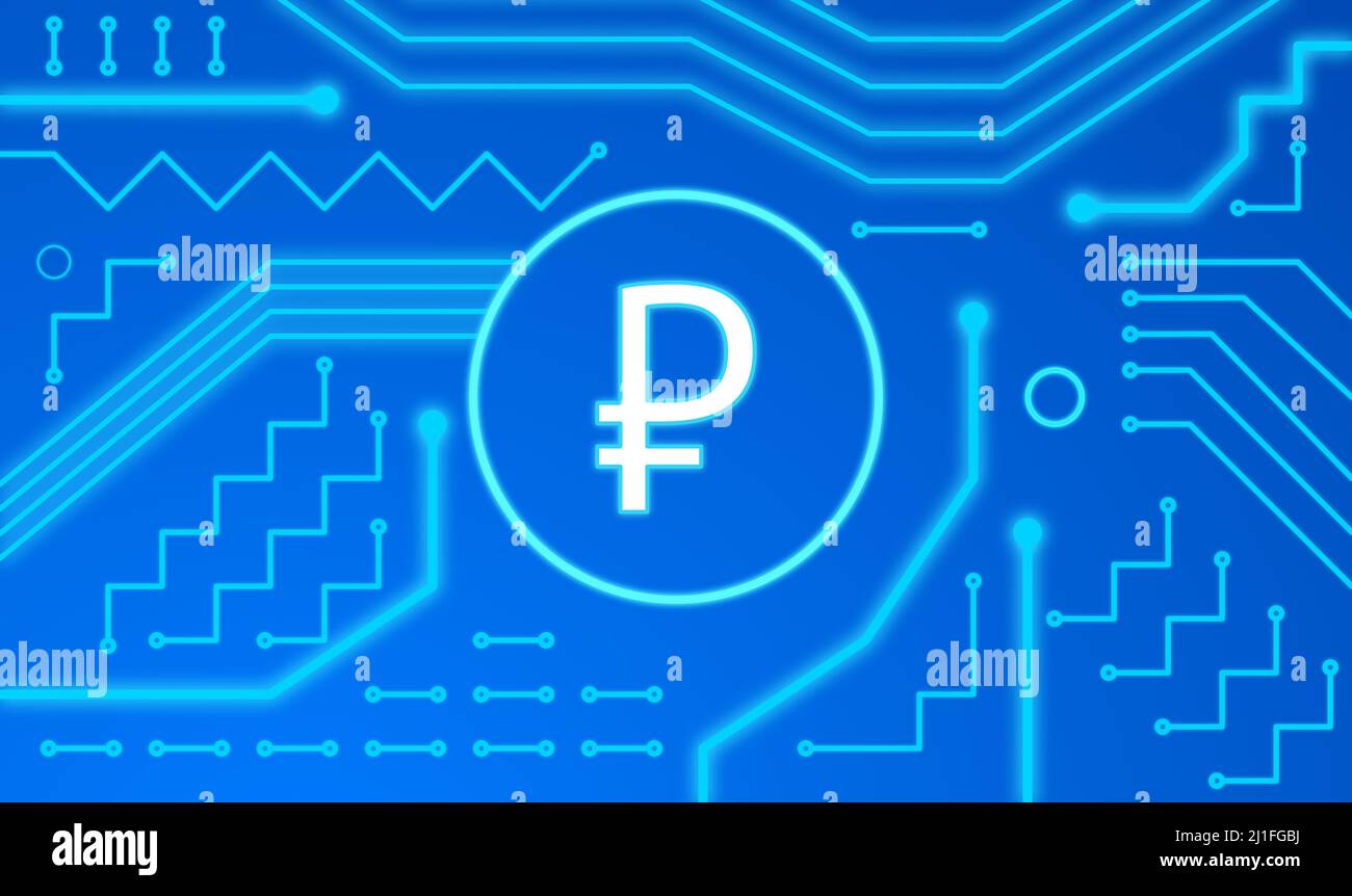 Immagine concettuale del rouble digitale con componente di computer elettronico. Concetto aziendale di denaro digitale Foto Stock