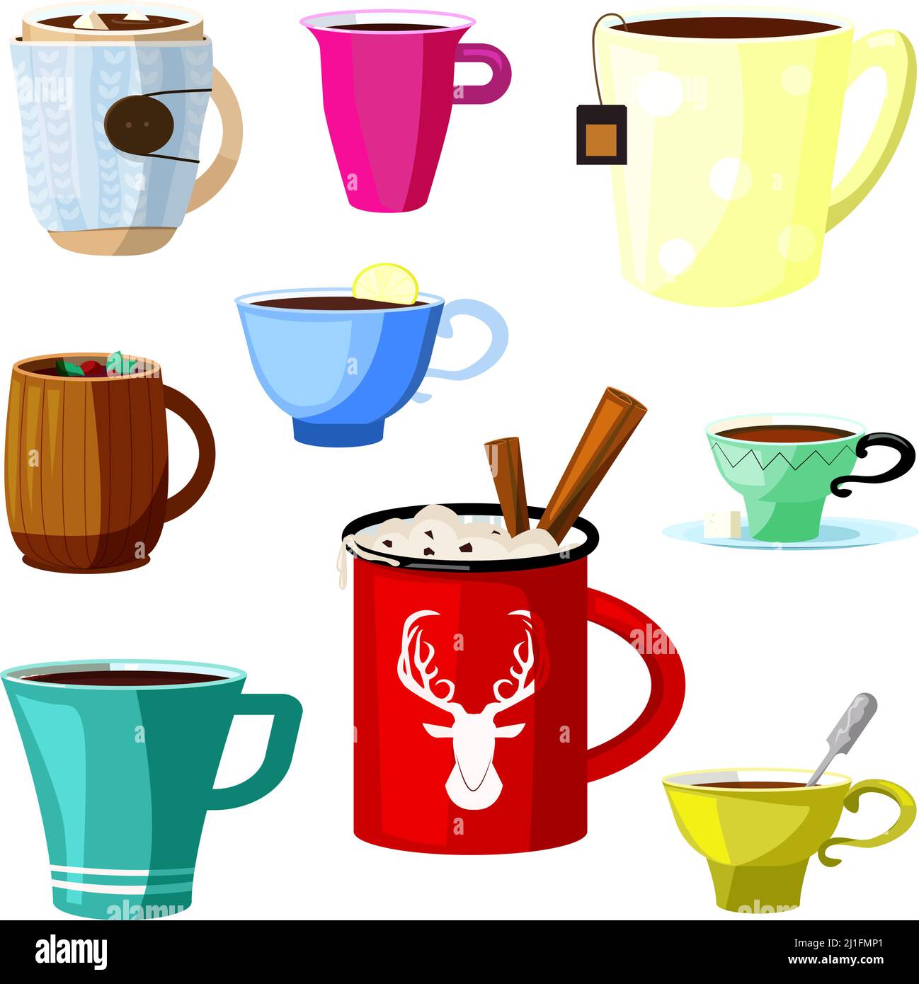 Set bevande calde. Raccolta di tazze per varie bevande. Può essere utilizzato per argomenti come cibo, caffè, dessert Illustrazione Vettoriale