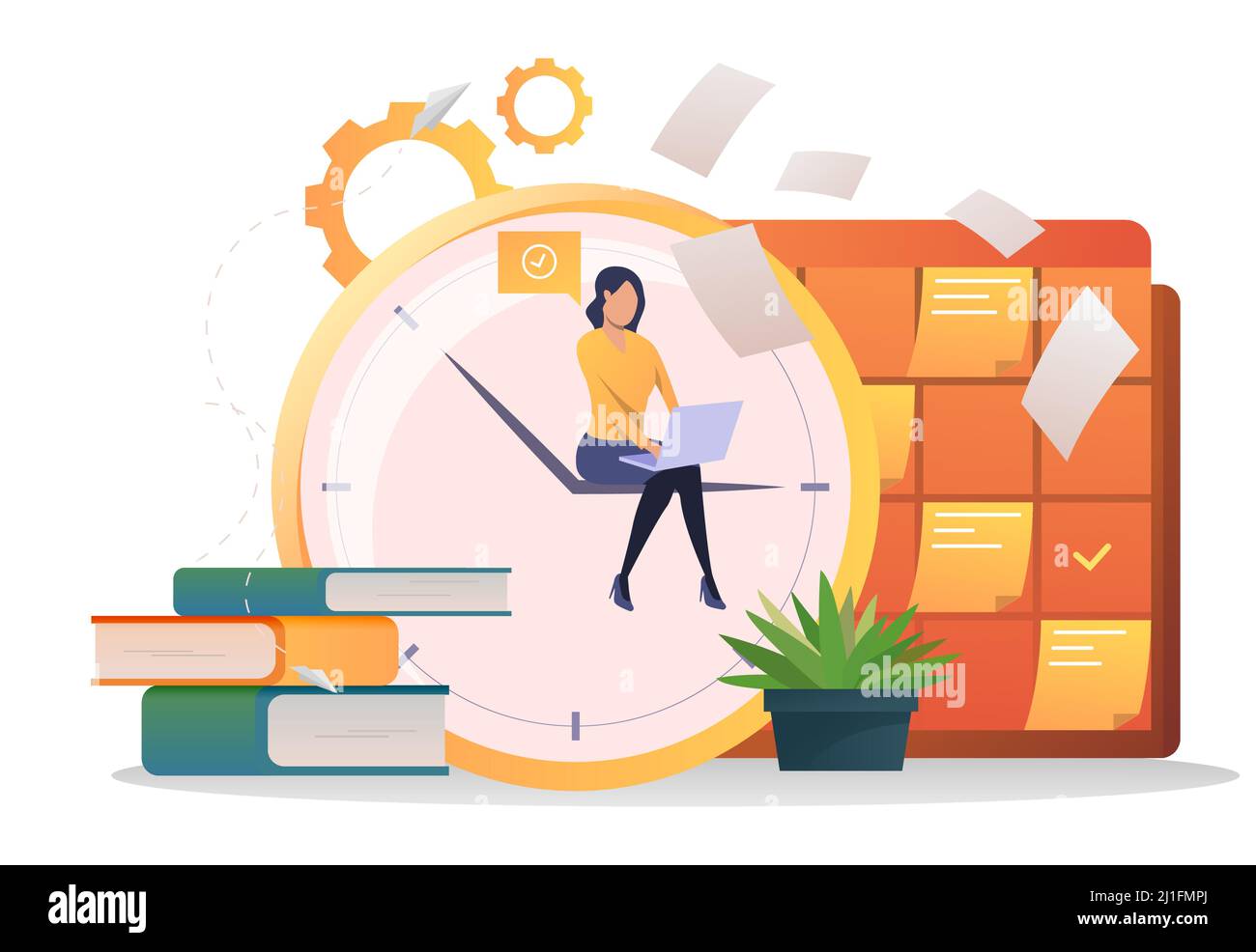 Studentessa studentessa con il computer portatile. Orologio, pila di libri, tabellone, carte. Concetto di gestione del tempo. Illustrazione vettoriale per argomenti come l'istruzione Illustrazione Vettoriale