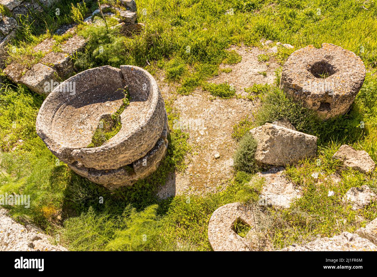 Vecchio frantoio nelle rovine di Salamis vicino a Yeni Boğaziçi, Repubblica Turca di Cipro del Nord (TRNC) Foto Stock
