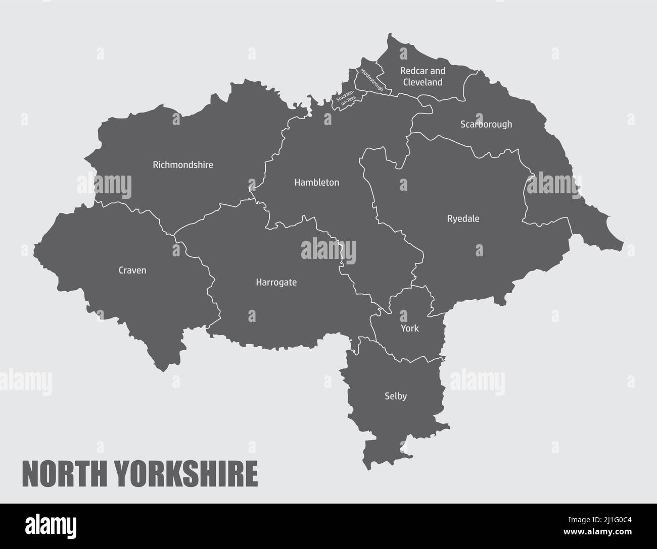 North Yorkshire County, mappa amministrativa con etichette, Inghilterra Illustrazione Vettoriale