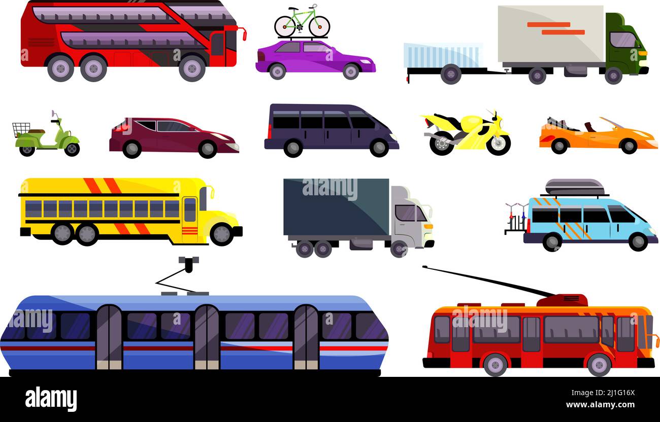 Set di vari veicoli terrestri. Automobili, trasporti pubblici, camion. Può essere utilizzato per argomenti quali trasporti, infrastrutture, trasporti Illustrazione Vettoriale