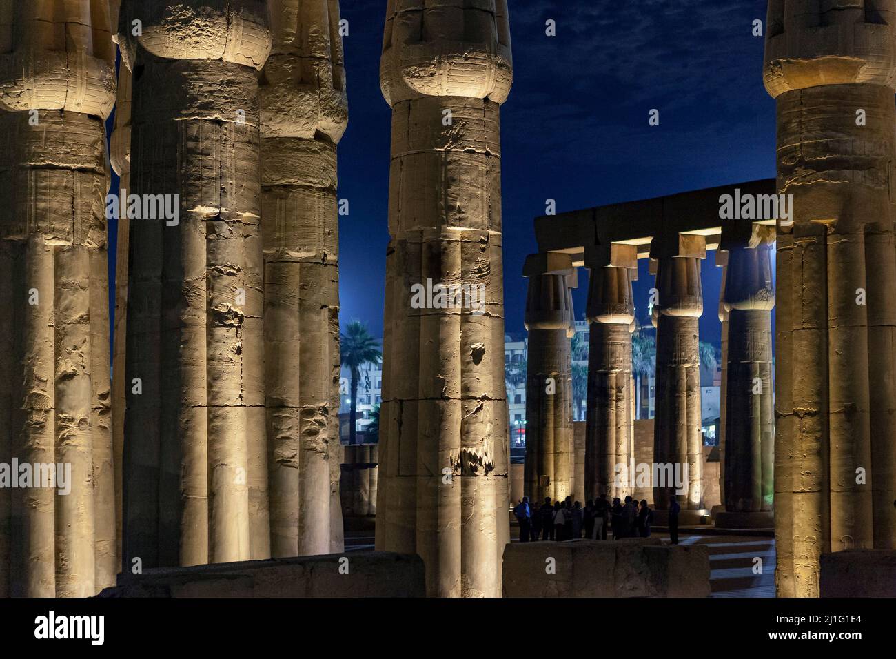 Colonne di papiro della Sala Ipotistica nella Corte di Amenhotep III di notte, Tempio di Luxor, Egitto Foto Stock