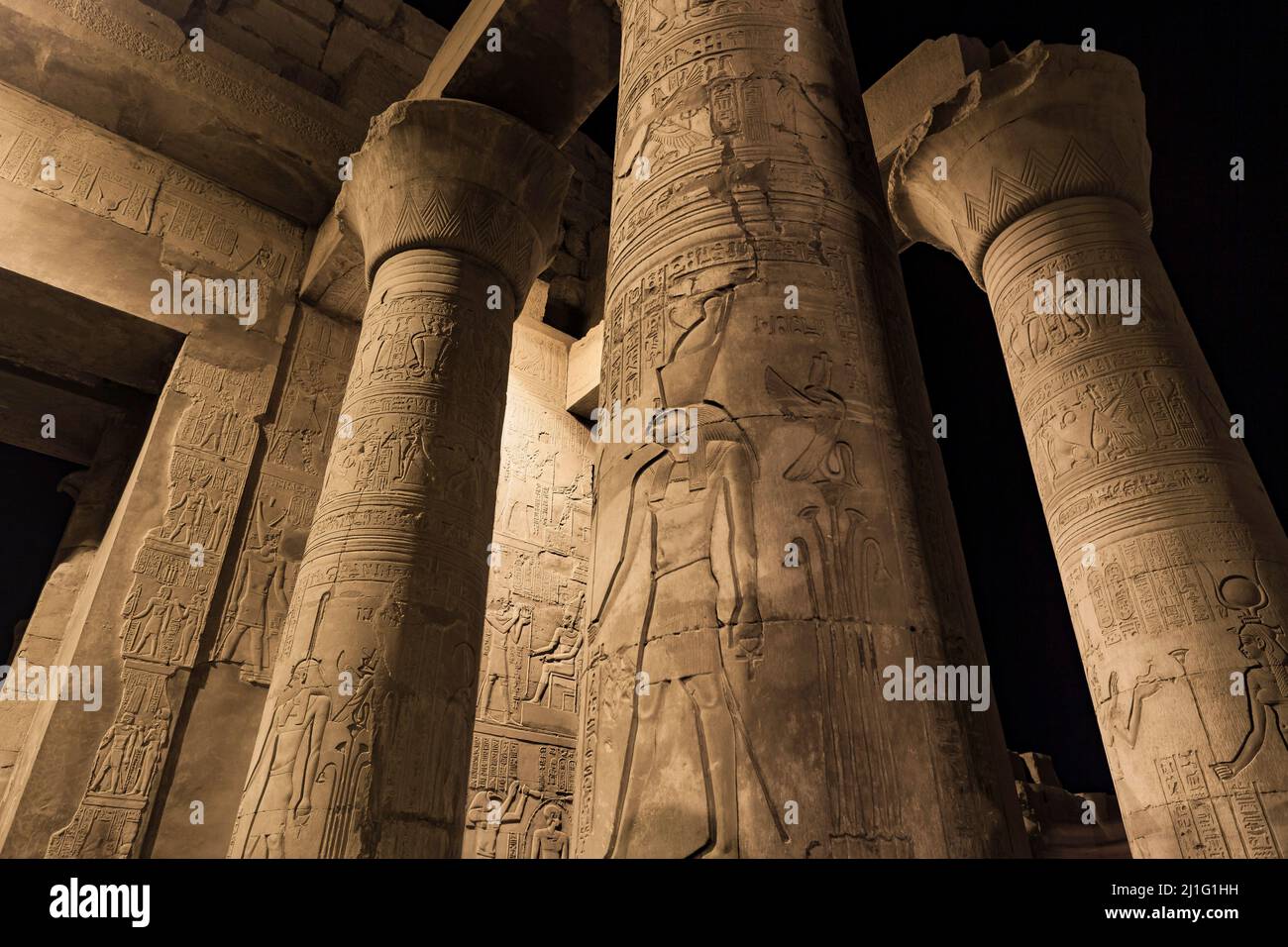 Colonne scolpite, tra cui una raffigurazione del dio Horus, al Tempio di Kom Ombo, ad Assuan, di notte Foto Stock