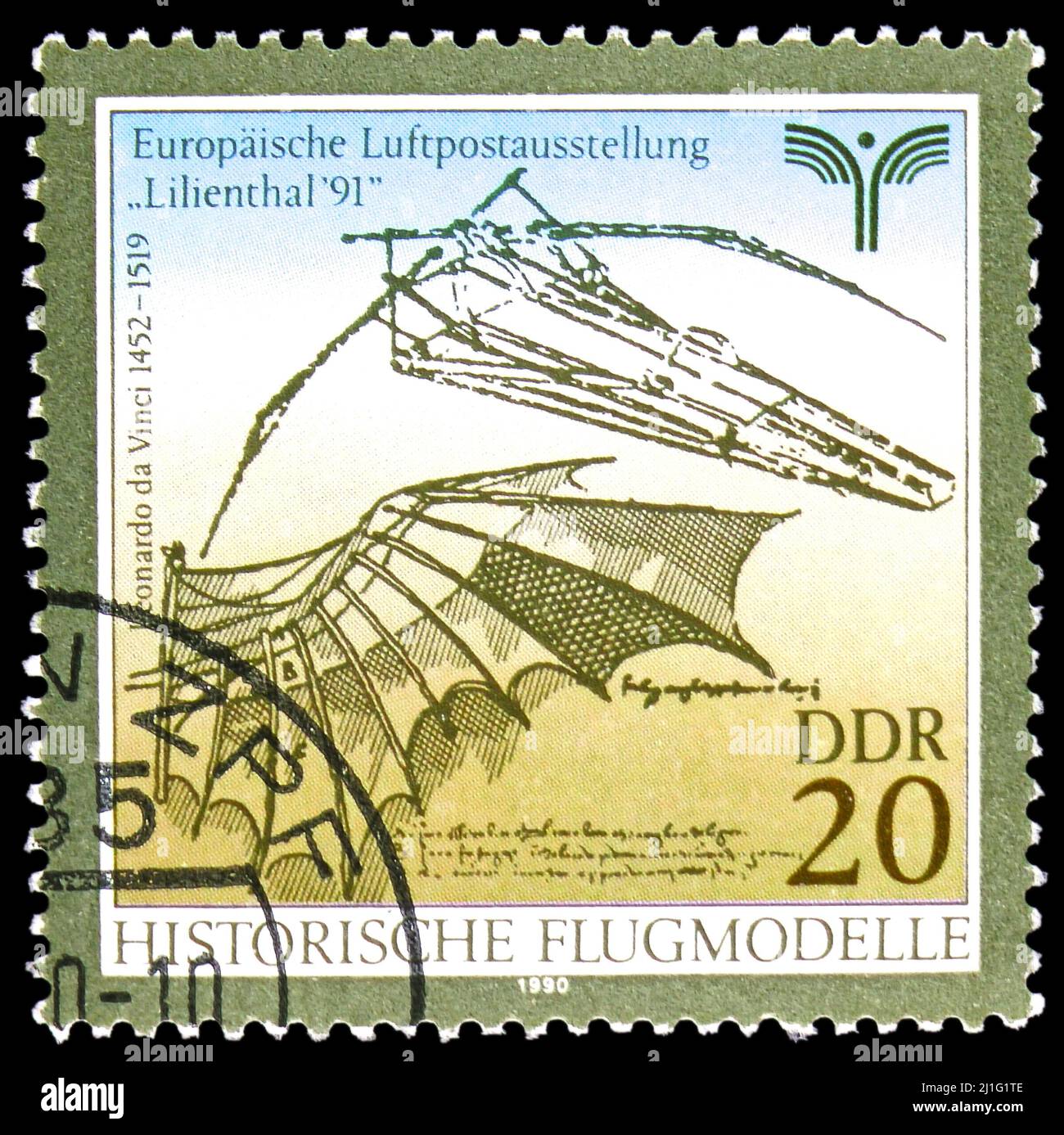 MOSCA, RUSSIA - 10 MARZO 2022: Francobollo stampato in Germania mostra Bozza altalena di Leonardo da Vinci, velivolo storico; ai europeo Foto Stock