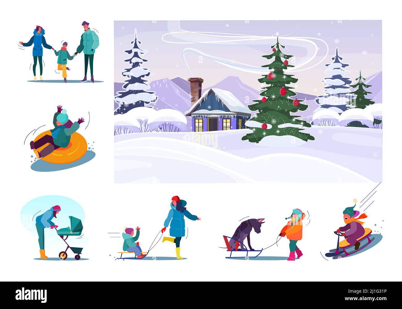 Set di famiglie che si divertono durante le vacanze invernali. Flat vettore illustrazioni di persone che pattinano, cavalcano su slitte, ridendo. Concetto di vacanza invernale per Illustrazione Vettoriale