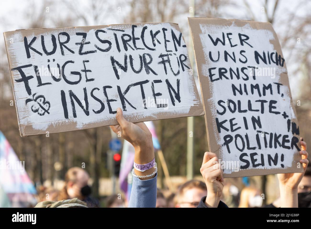 25 marzo 2022, bassa Sassonia, Osnabrück: "Voli a corto raggio solo per insetti" e "chiunque non ci prenda sul serio non dovrebbe essere un politico!" Sono scritti su segni durante una manifestazione del venerdì per il movimento futuro. L'organizzazione venerdì per il futuro ha chiesto una protesta mondiale sul clima venerdì. Foto: Friso Gentsch/dpa Foto Stock