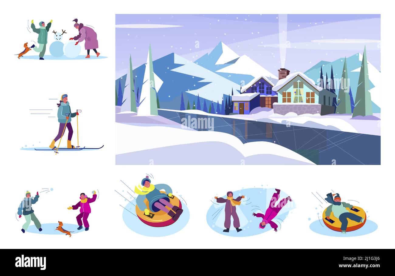 Set di persone che godono l'inverno. Immagini vettoriali piatte di persone che fanno pupazzo di neve, sciare, giocare palle di neve. Concetto di vacanze invernali per banner, web Illustrazione Vettoriale