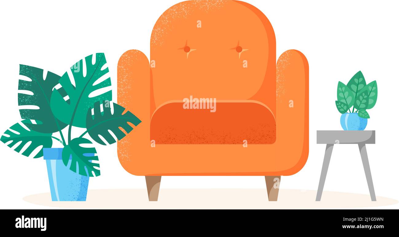 Sedia arancione con piante per la casa. Casa interno con divano, casa piante in pentole, tavolo. Vettore Illustrazione Vettoriale