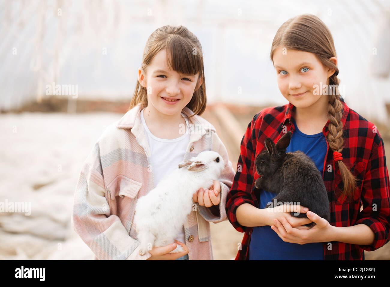 Due ragazze che tengono conigli nelle loro mani. Concetto di Pasqua Foto Stock