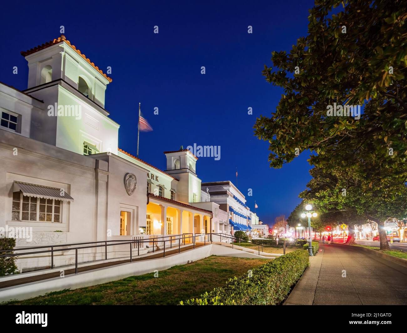 Vista serale dell'Ozark Bathhouse in Arkansas Foto Stock